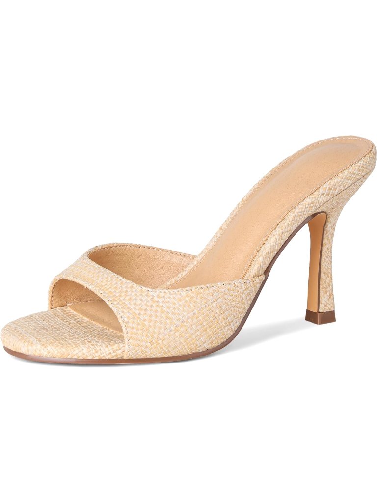 Women's Apricot Summer Sandals Open Toe Slip On Stiletto Heel Round Toe Raffia